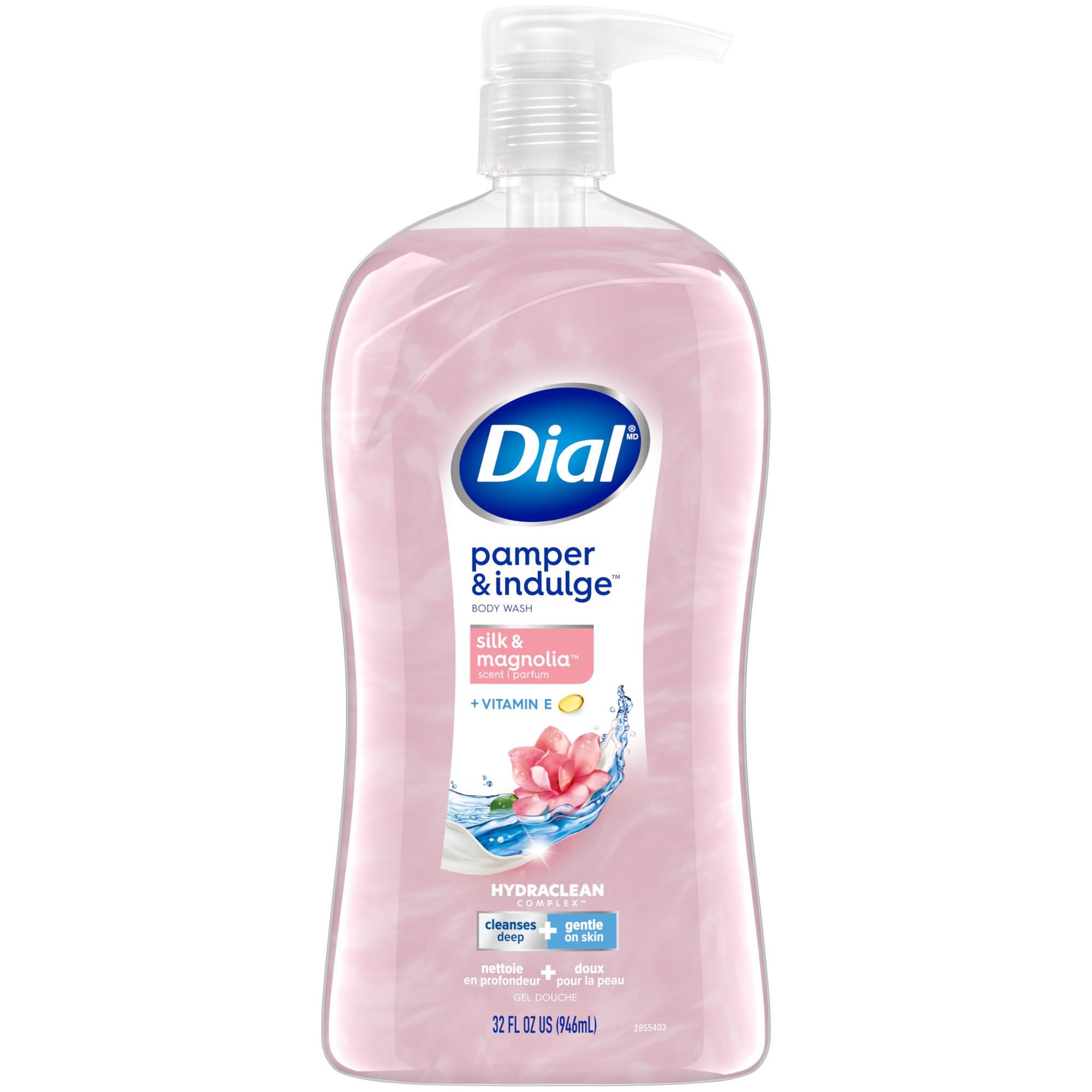 Dial Pamper & Indulge Silk & Magnolia, botella frontal con aroma suave para ducha relajante.