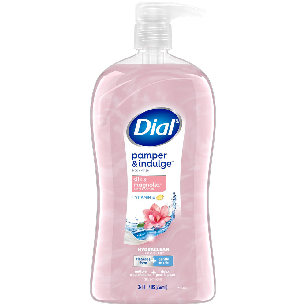 Dial Pamper & Indulge Silk & Magnolia, botella frontal con aroma suave para ducha relajante.