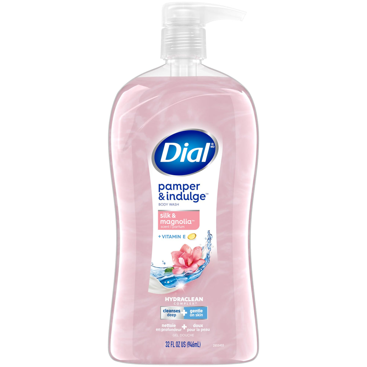 Dial Pamper & Indulge Silk & Magnolia, botella frontal con aroma suave para ducha relajante.