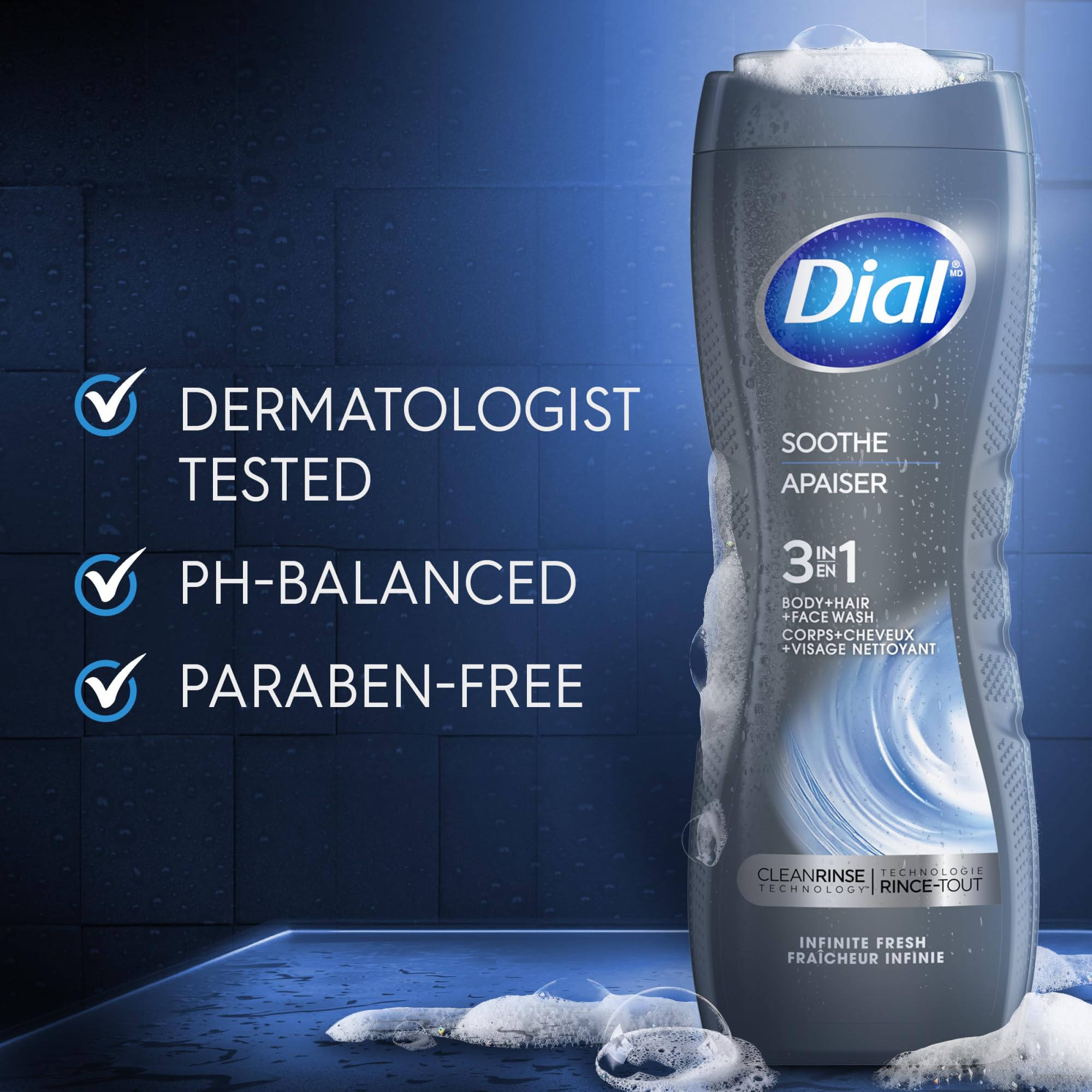 Dial Rich Lather forms creamy foam for body, hair, and face.