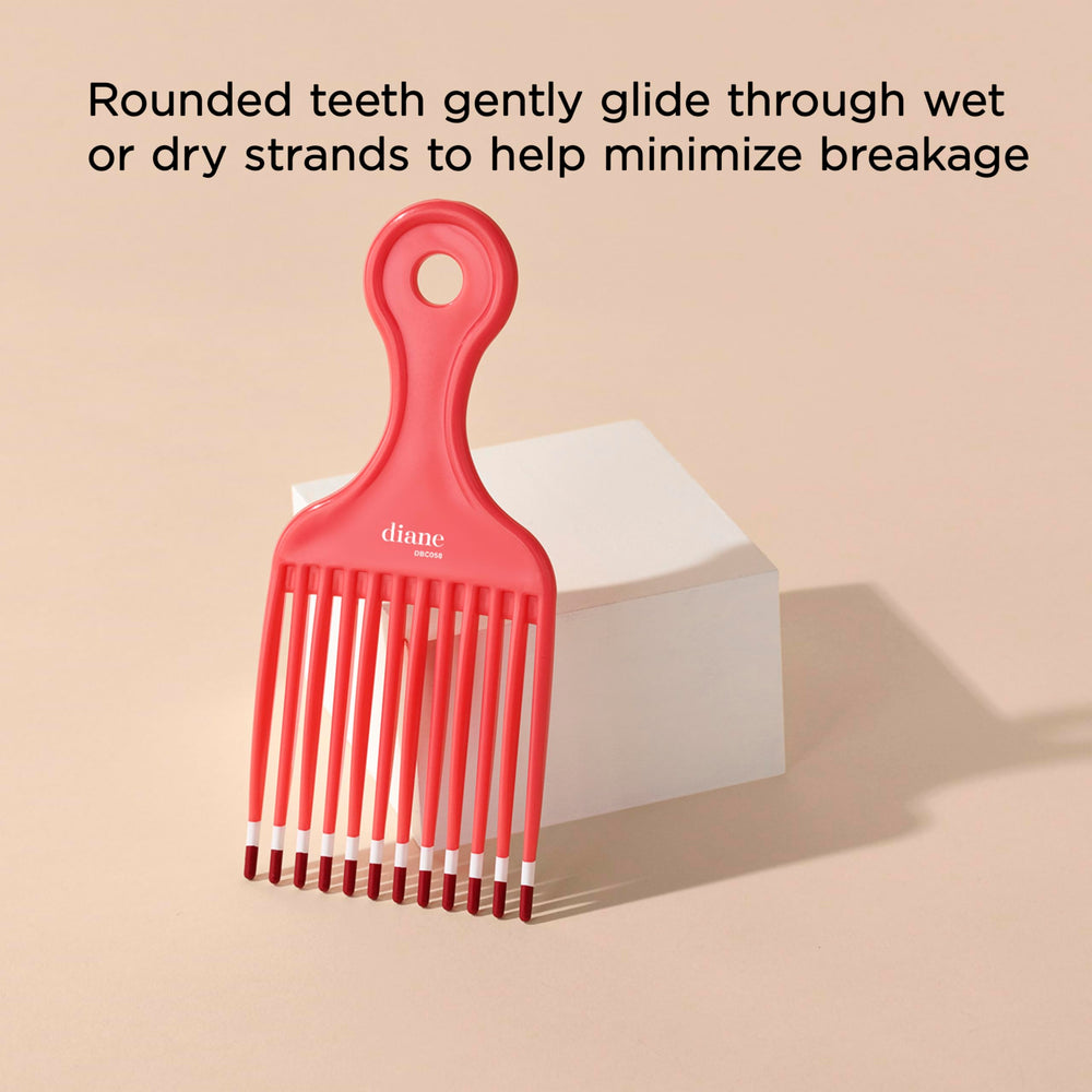 Diane hair pick with rounded teeth glides through wet or dry hair.