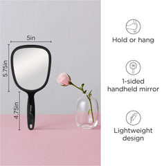 Diane hand mirror in black with handle for easy holding and hanging