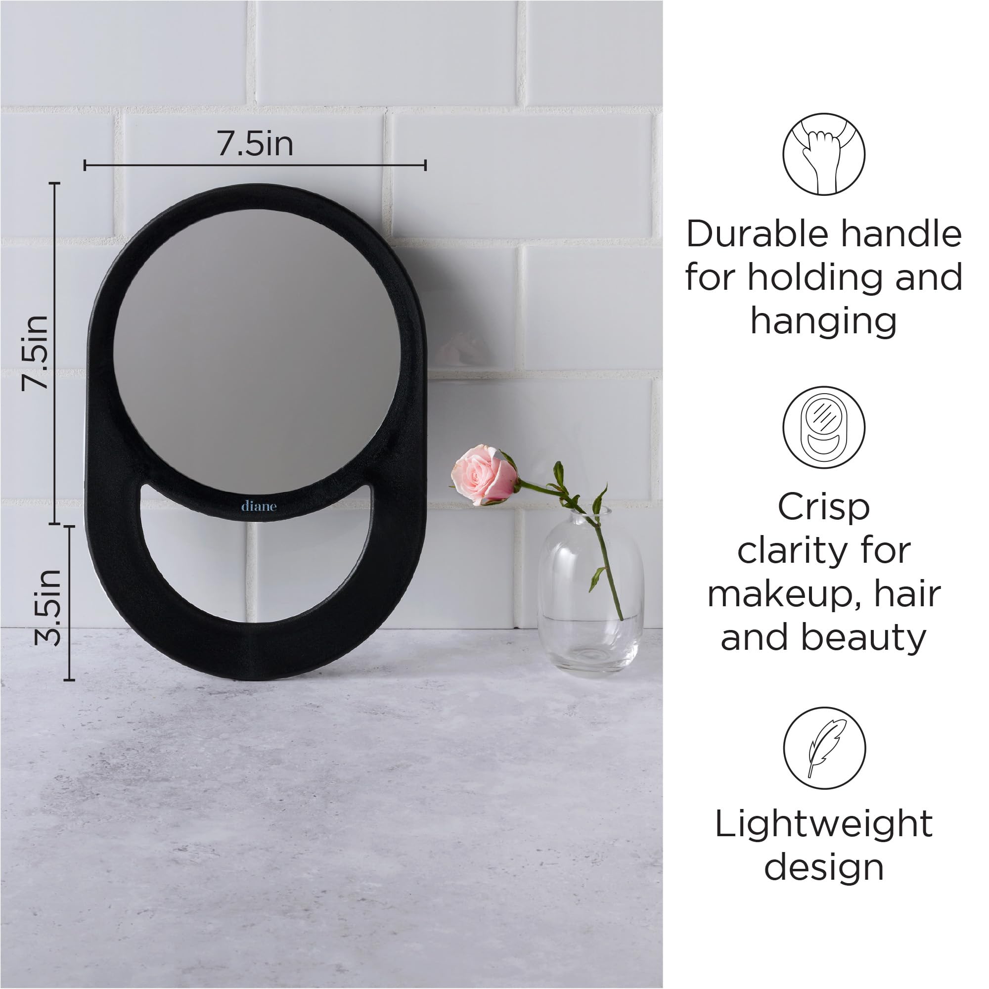 Diane hand mirror close-up clarity highlights details for precise brow shaping and makeup application.