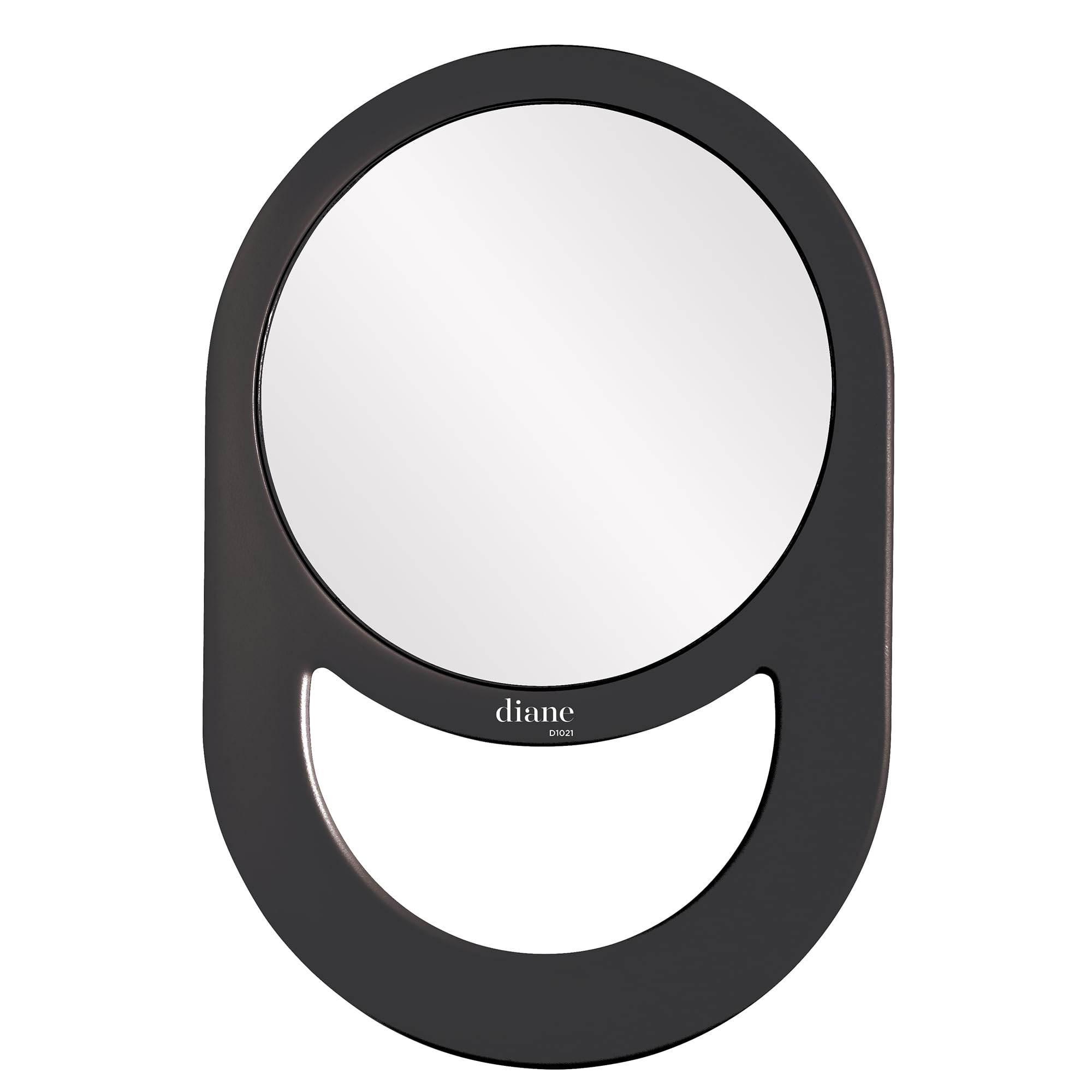 Diane hand mirror with black frame provides a full-view reflection for makeup and styling.