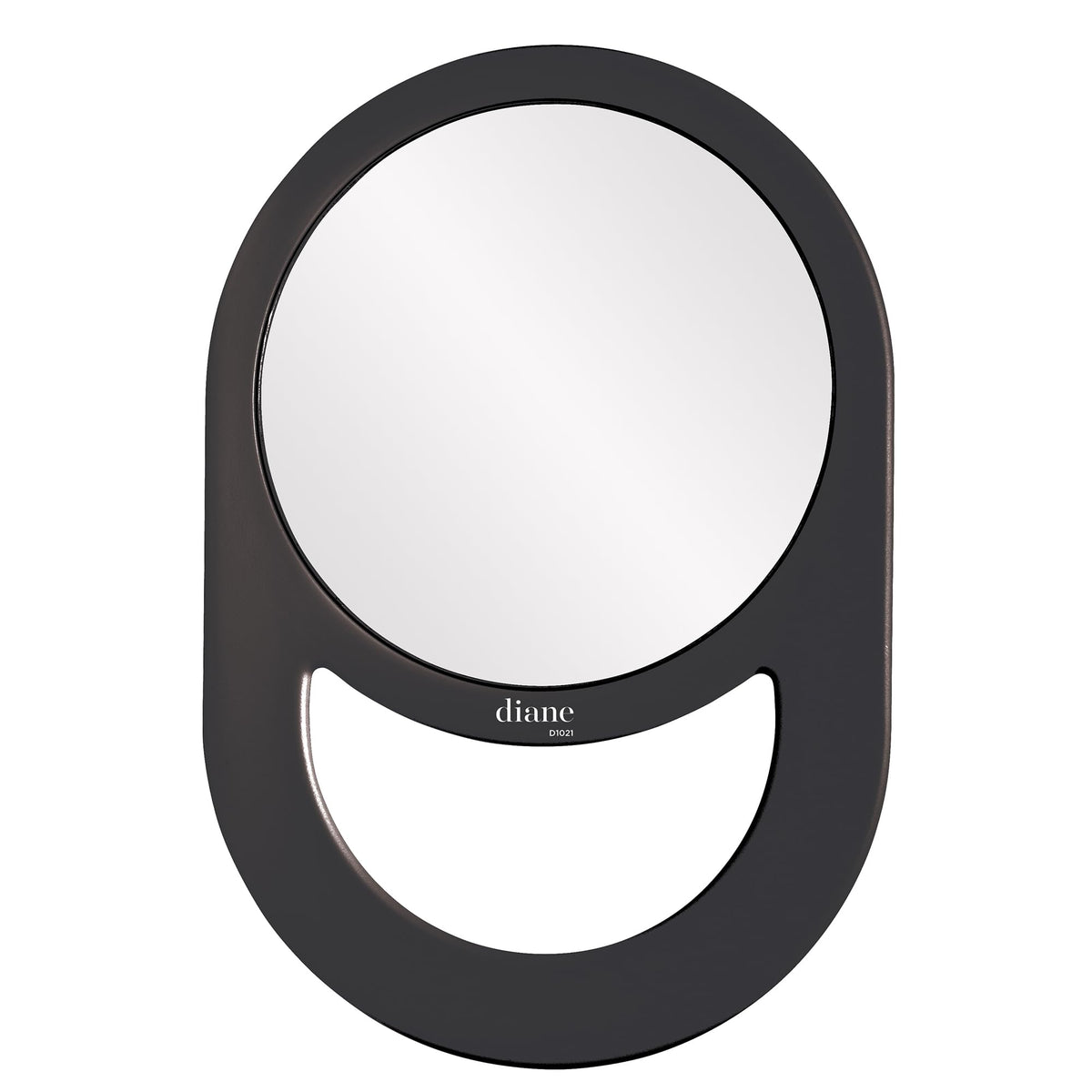 Diane hand mirror with black frame provides a full-view reflection for makeup and styling.