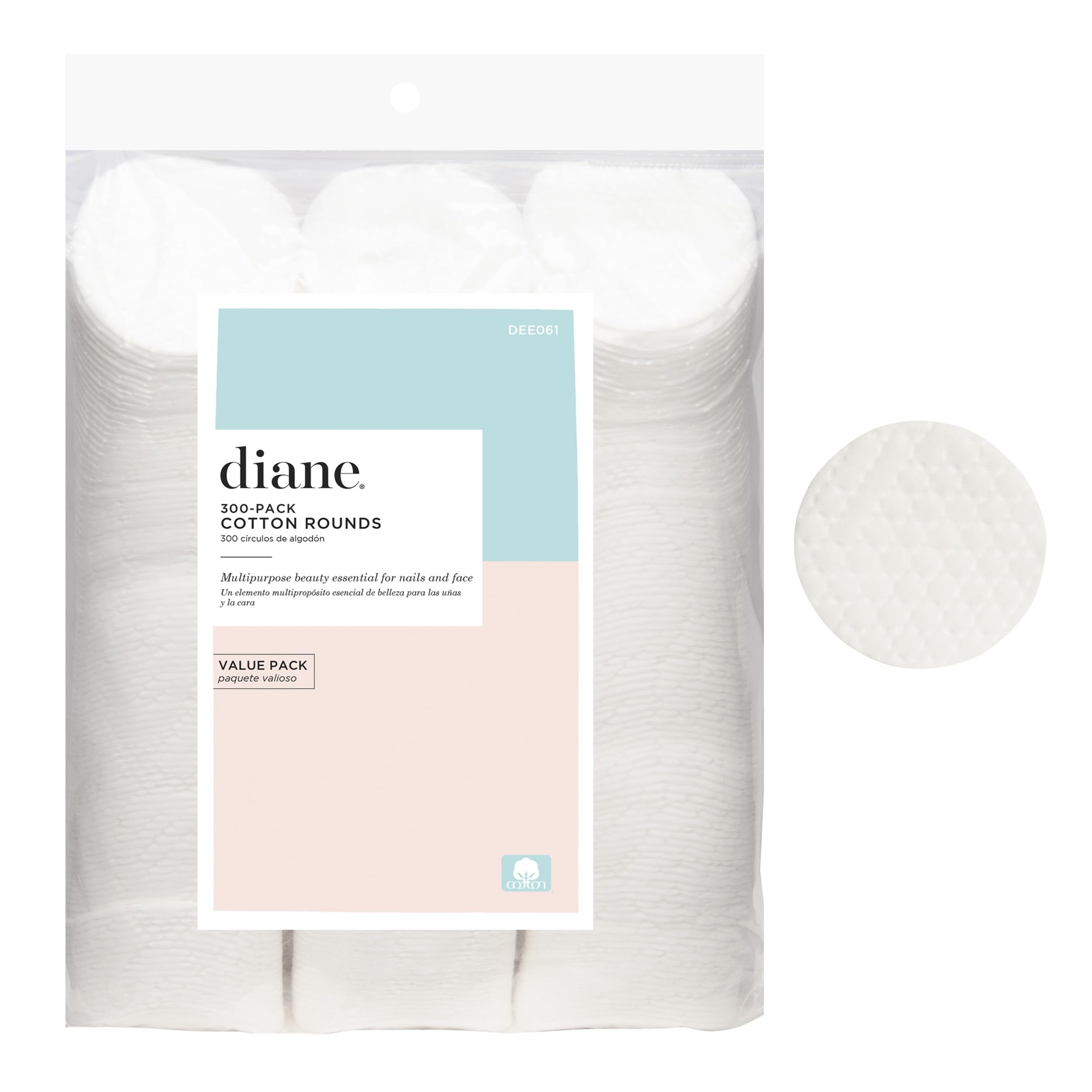 Diane multi-layer cotton rounds pack showing soft texture for gentle makeup removal
