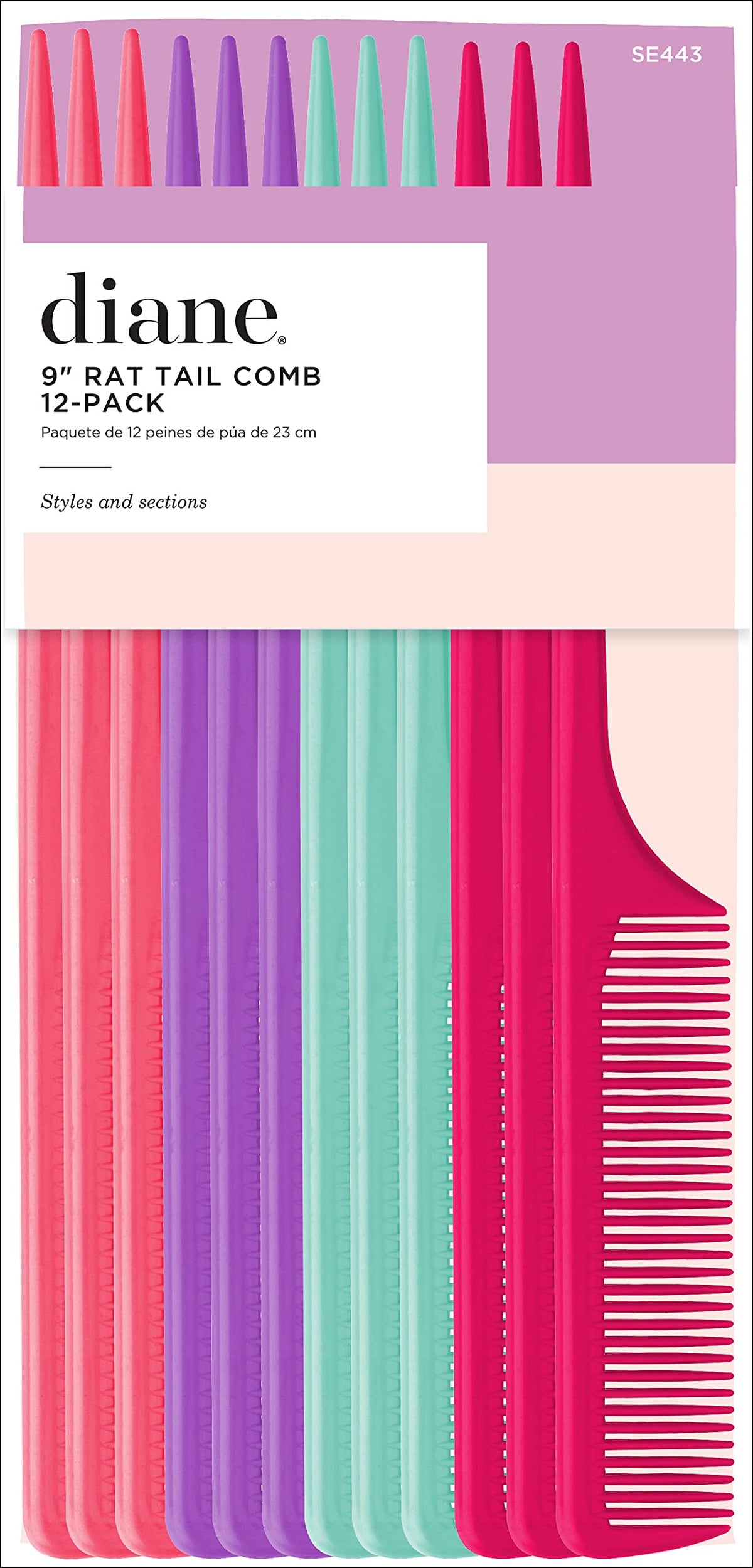 Diane rat tail comb multi-color 12-pack for precise parting and salon styling