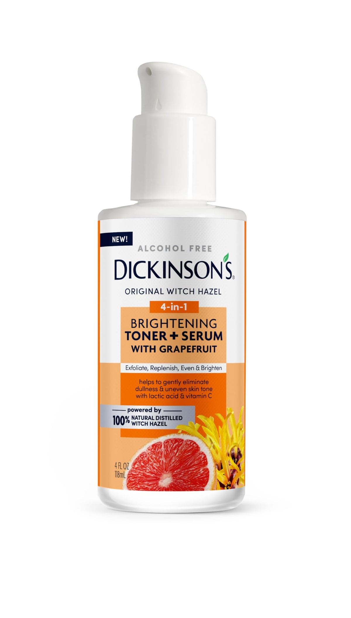 Dickinson's Brightening Toner Serum Grapefruit bottle showing a radiant glow boost.