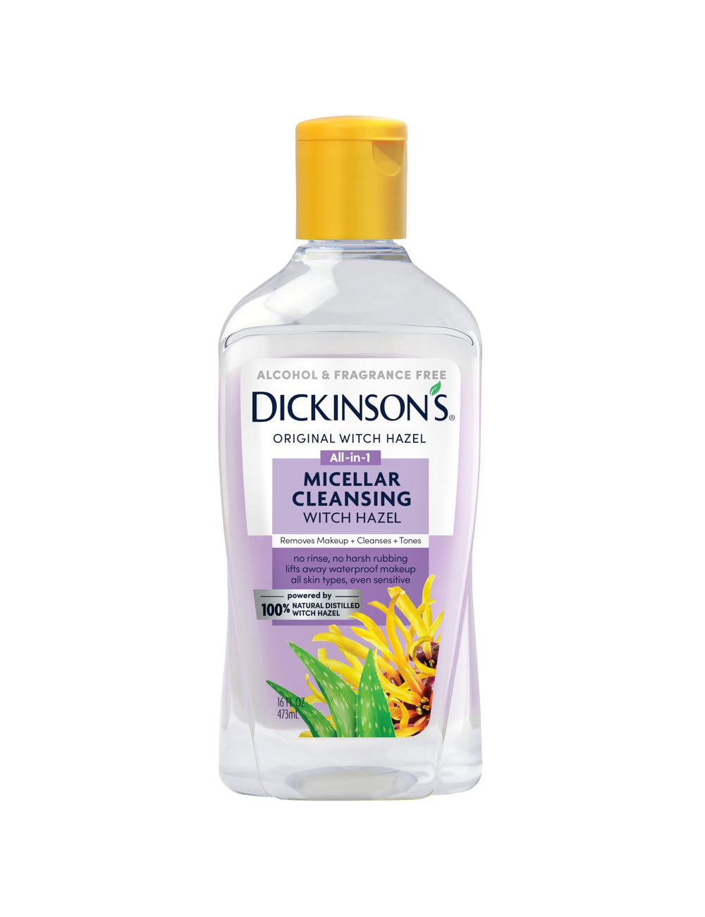 Dickinson's Micellar Witch Hazel bottle close-up shows gentle makeup removal.
