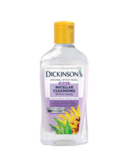 Dickinson's Micellar Witch Hazel bottle close-up shows gentle makeup removal.