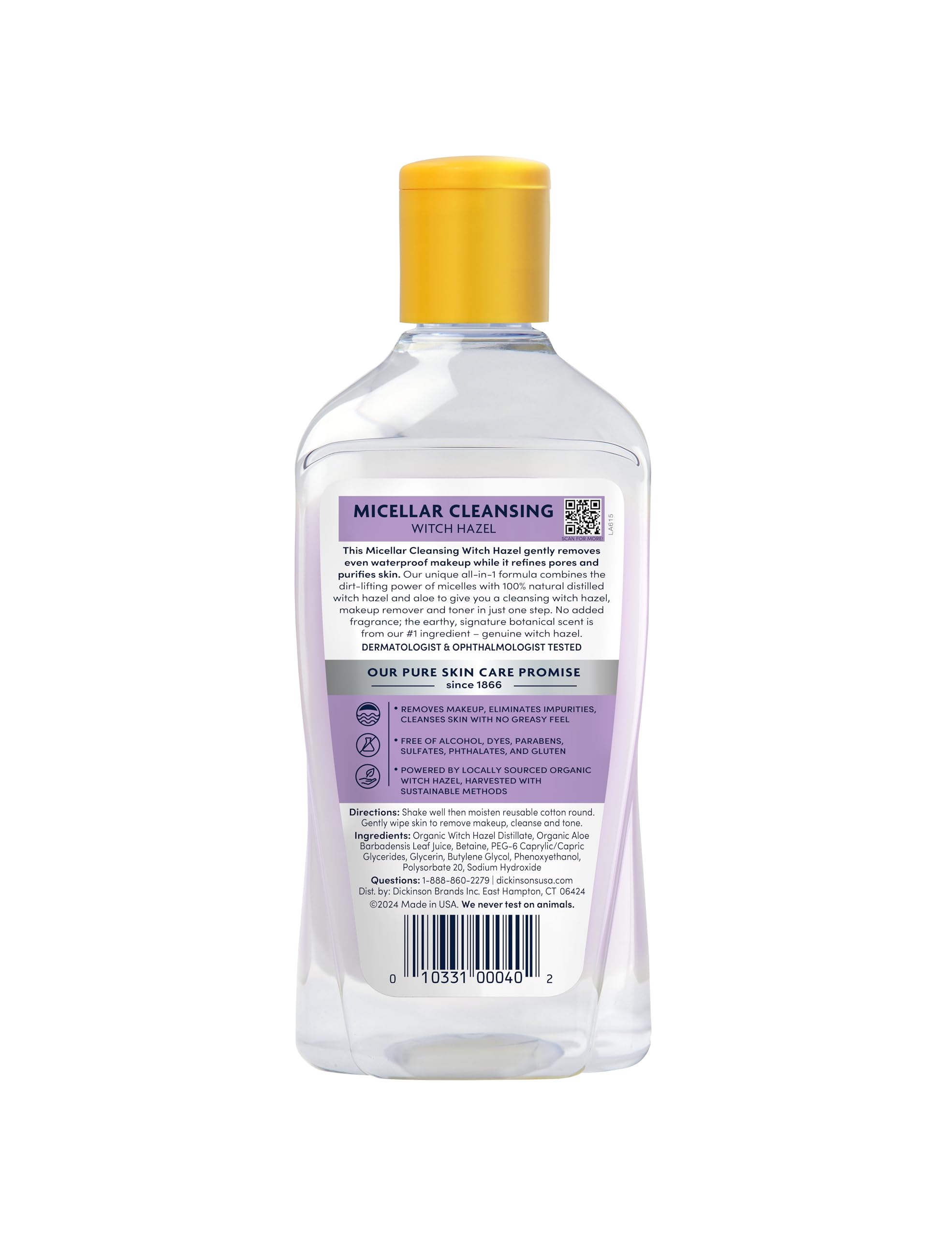 Dickinson's Micellar Witch Hazel helps refine pores and purify skin.
