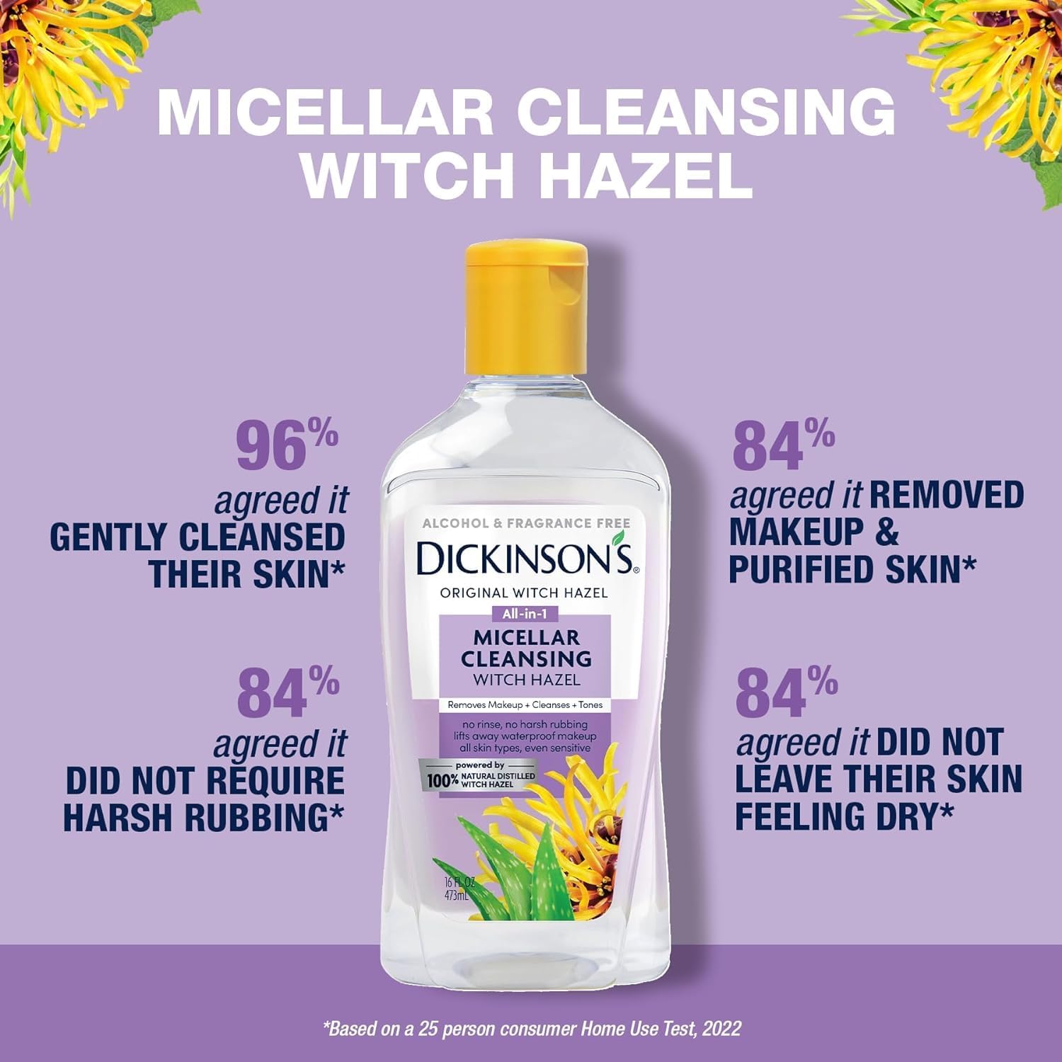Dickinson's Micellar Witch Hazel bottle demonstrates no-rinse cleansing capability.