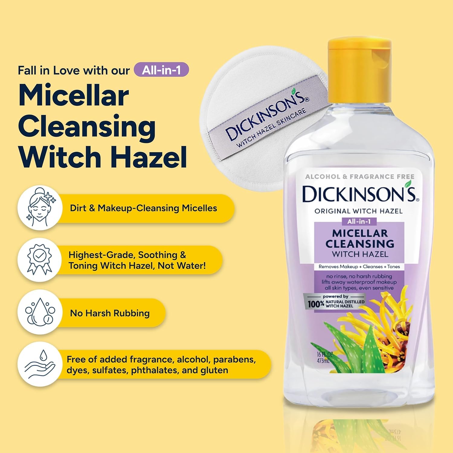 Dickinson's Micellar Witch Hazel pump bottle demonstrates alcohol-free cleansing.