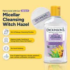 Dickinson's Micellar Witch Hazel pump bottle demonstrates alcohol-free cleansing.