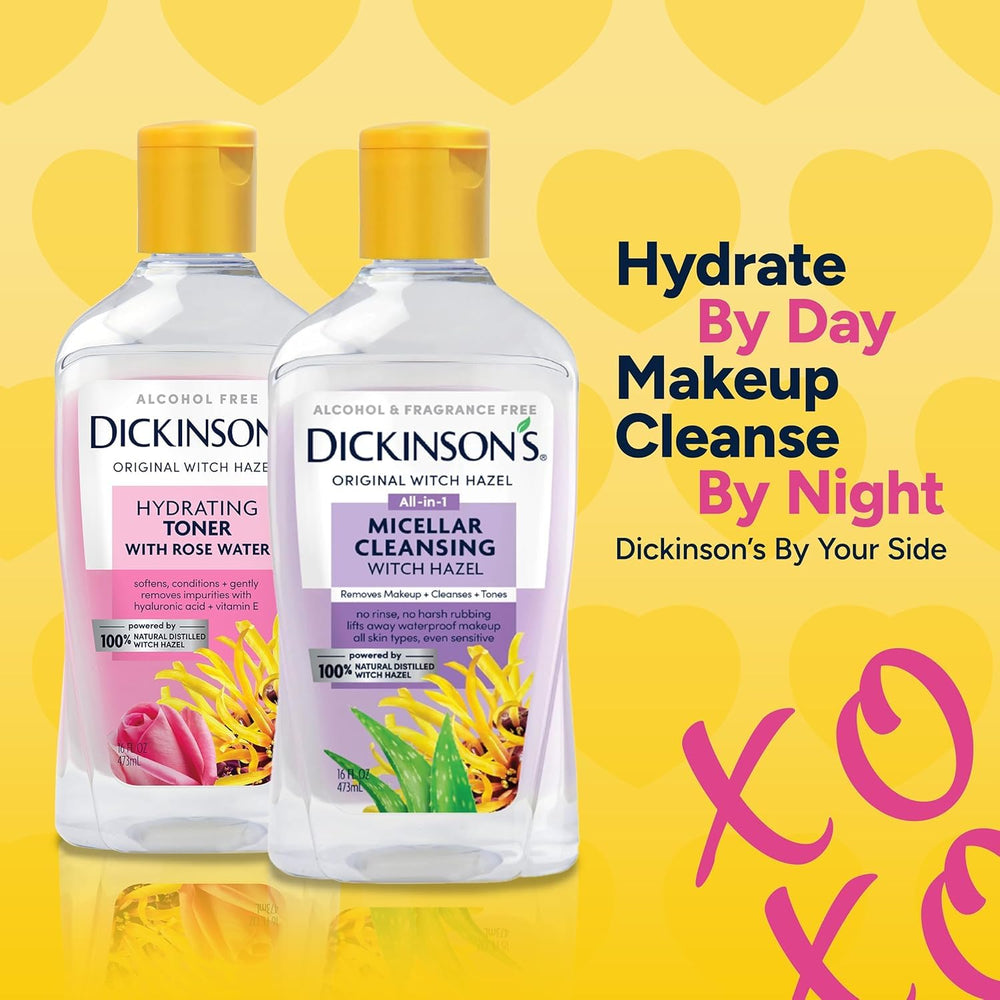 Dickinson's Micellar Witch Hazel packaging highlights dermatologist-tested for sensitive skin.