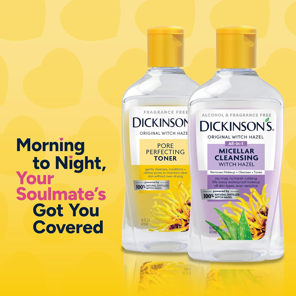 Dickinson's Micellar Witch Hazel clear solution demonstrates makeup removal.
