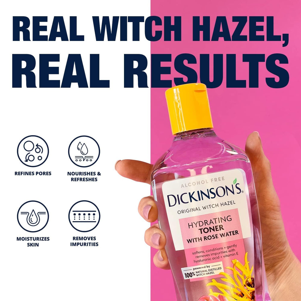Dickinson's Rosewater Toner bottle being poured into hand