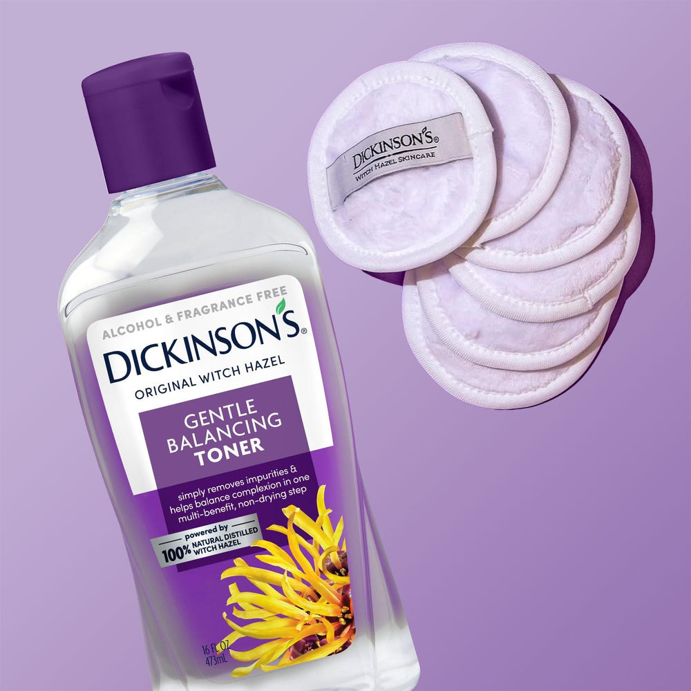 Dickinson's tonico equilibrante aplica con algodon para una piel suave y equilibrada.
