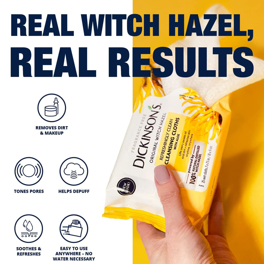 Dickinson's Witch Hazel cloths with aloe deliver soothing makeup removal.