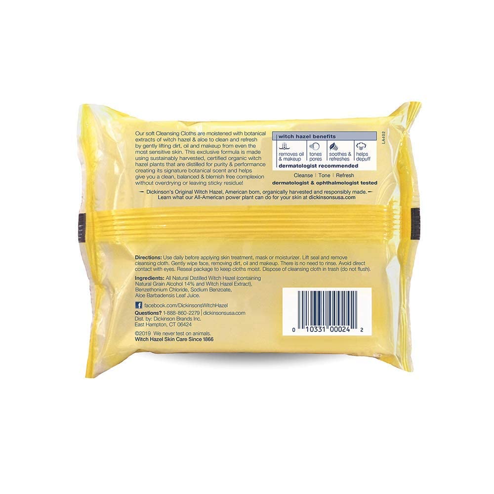 Dickinson's Witch Hazel cloths large wipes provide gentle daily cleansing.