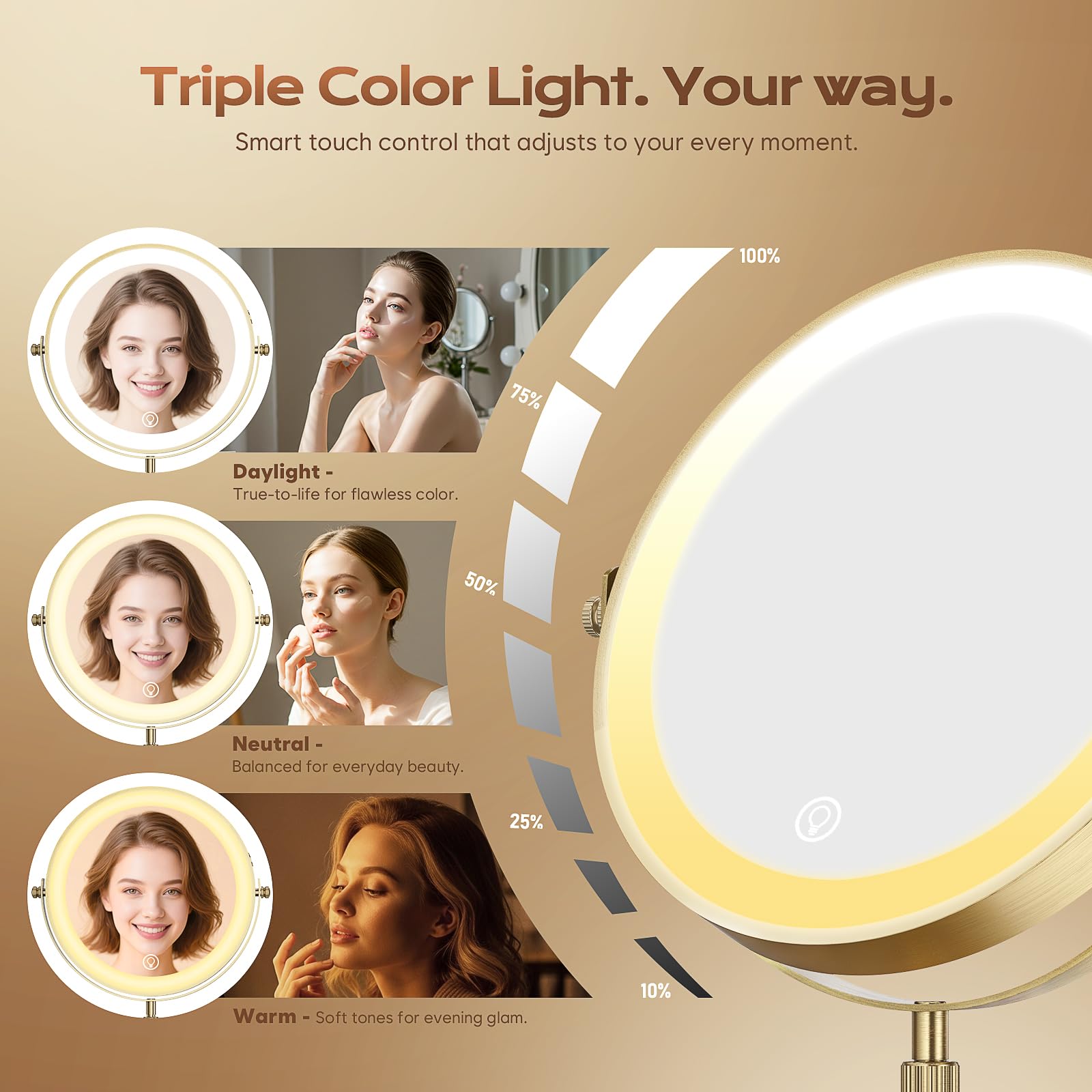 Dienmern lighted makeup mirror with 360-degree rotation for flexible angles