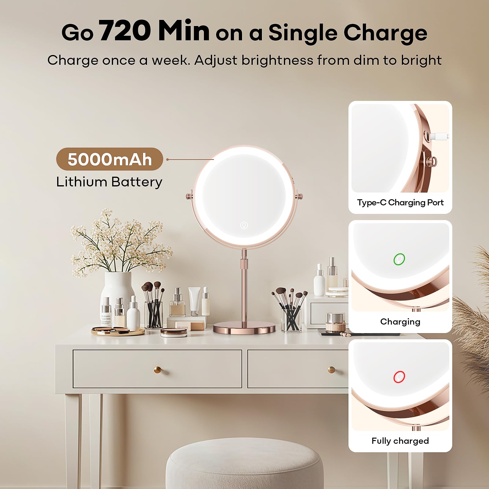 Dienmern LED lighting with three colors for natural-looking makeup scenarios.