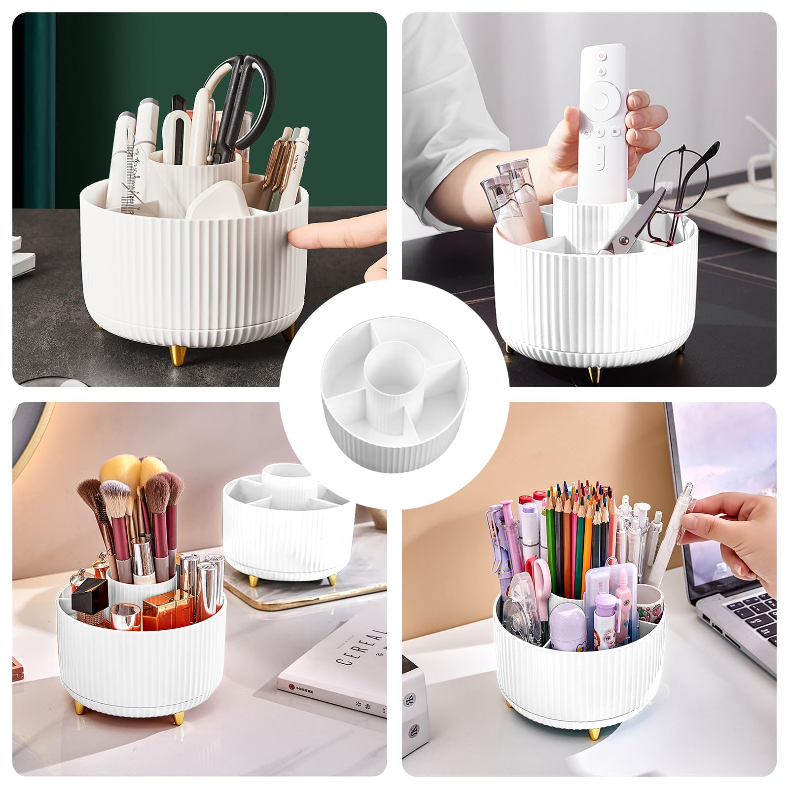Diesisa compact perfume and cosmetics display rack on a vanity.