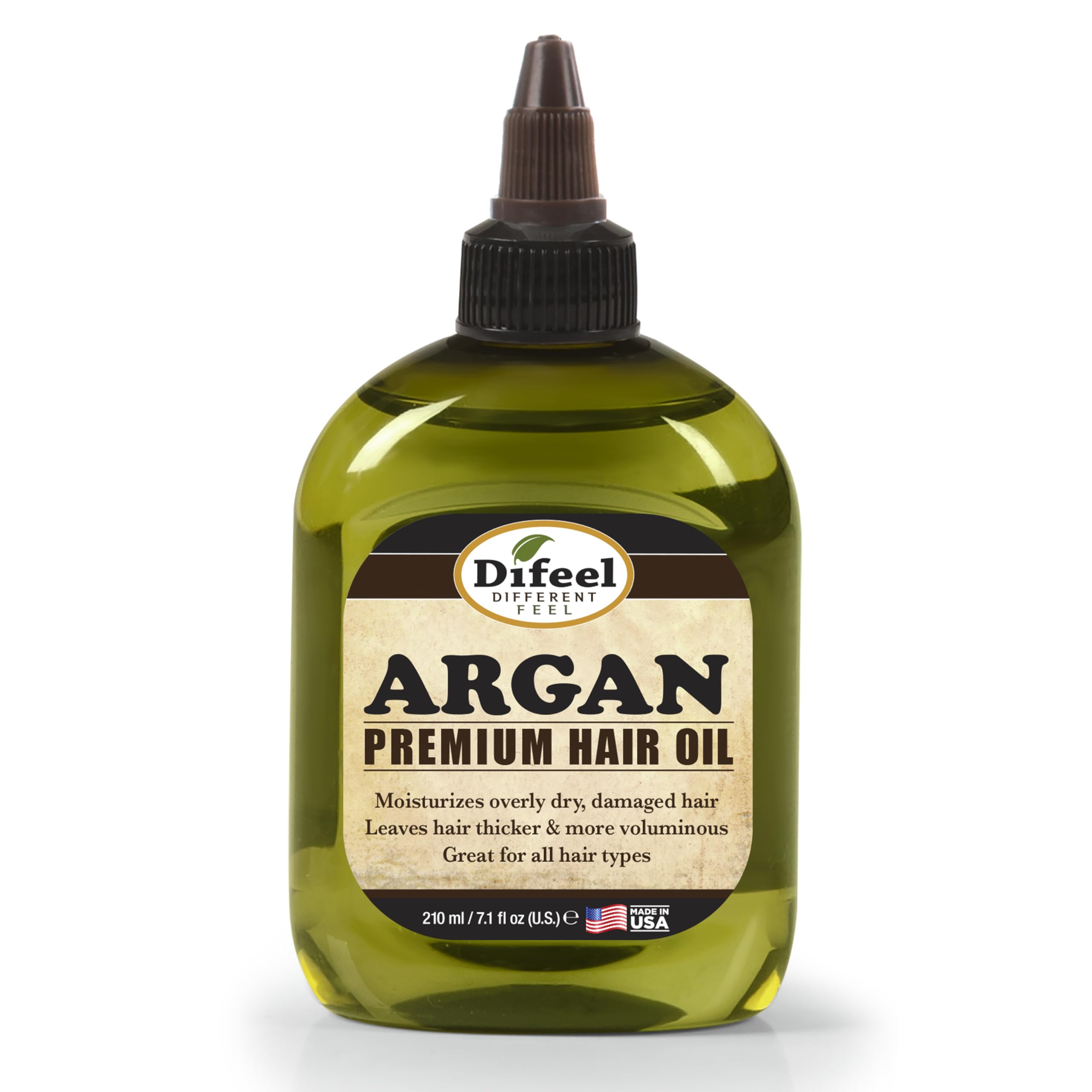 Difeel Argan Oil bottle closeup for nourished, shiny hair.