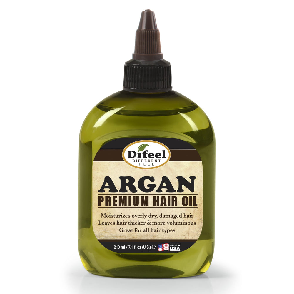 Difeel Argan Oil bottle closeup for nourished, shiny hair.