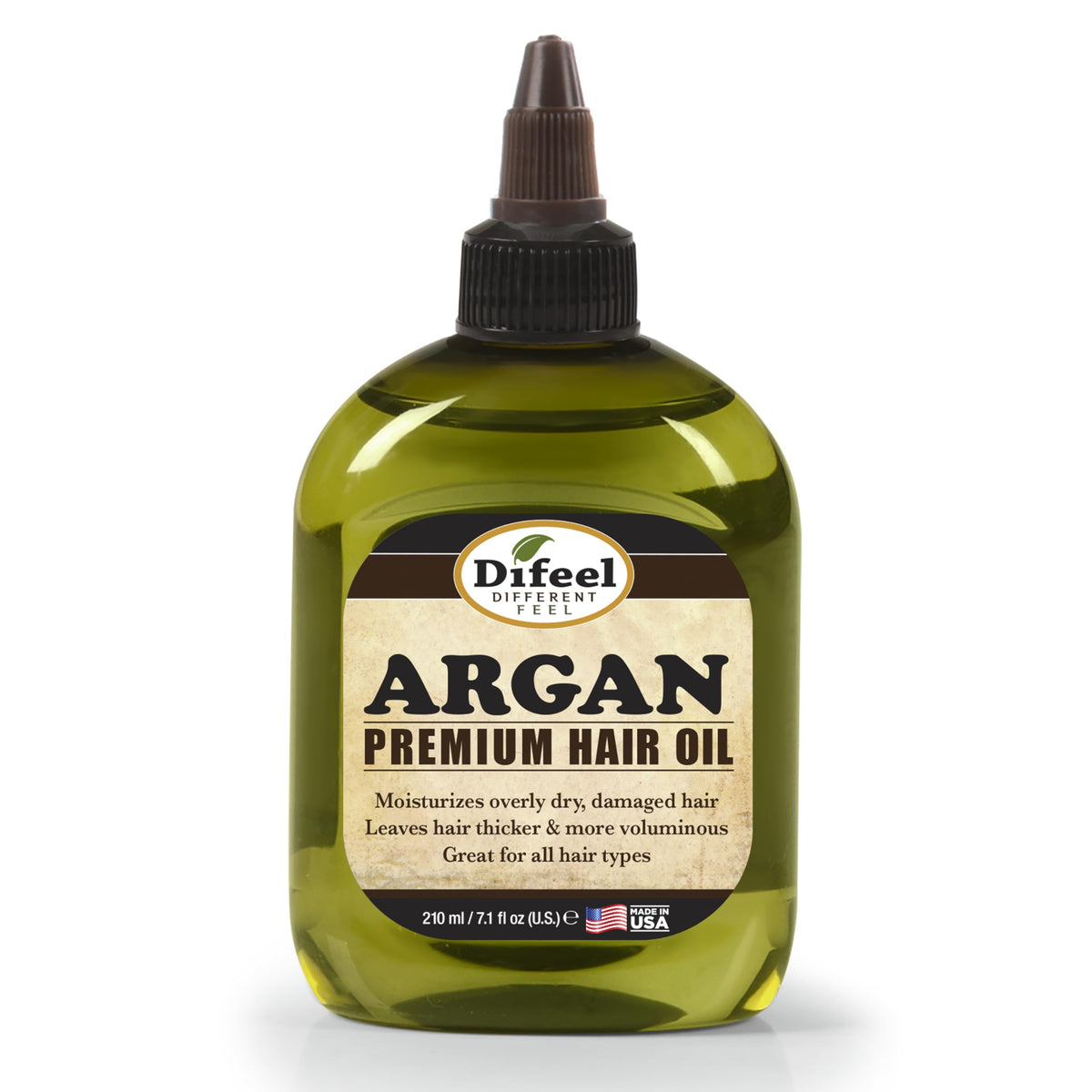 Difeel Argan Oil bottle closeup for nourished, shiny hair.