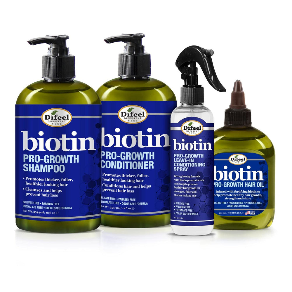 Difeel Biotin Pro-Growth Shampoo bottle showing strengthening cleanse for hair care