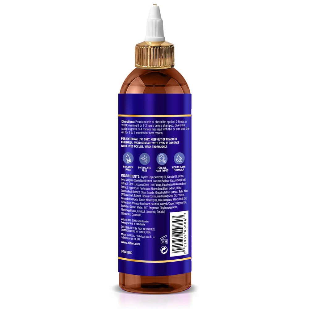 Etiqueta del producto Difeel Biotina Premium Aceite para Cabello con ingredientes.