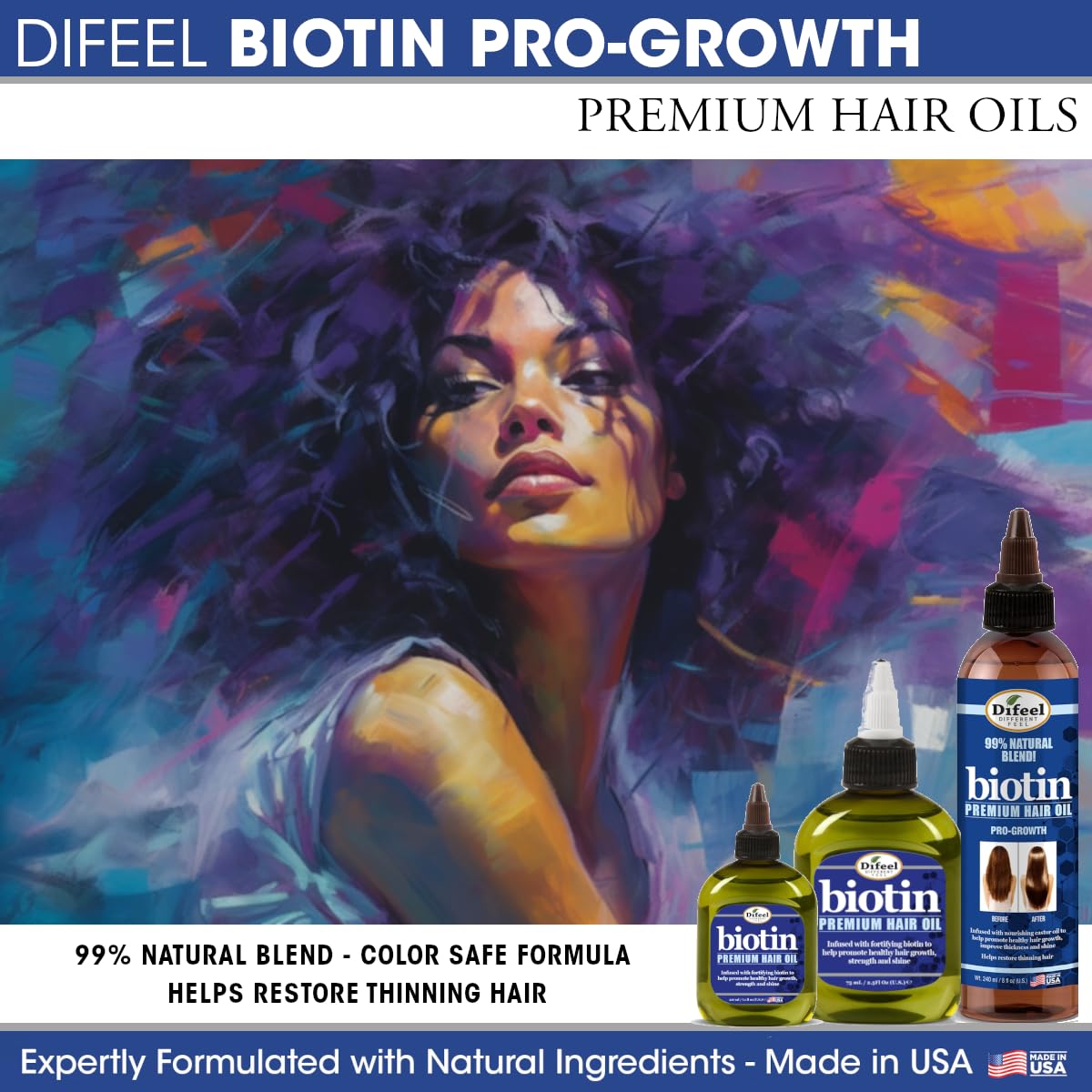 Presentación de 8 onzas del Aceite para Cabello Difeel Biotina Premium.