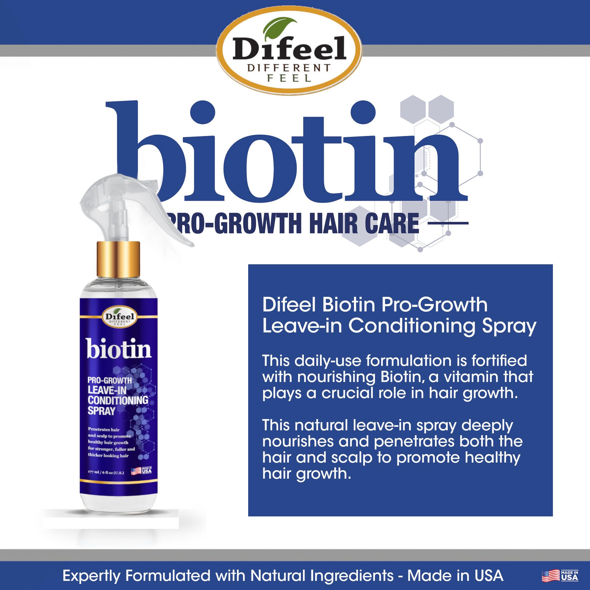 Difeel Biotina Pro-Crecimiento: nutre cuero cabelludo y cabello.