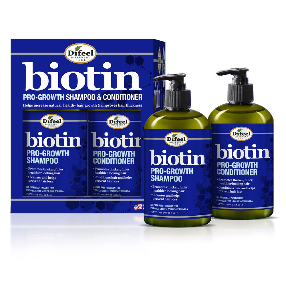 Difeel Biotina Pro-Crecimiento Shampoo frente a la botella, favorece el cuidado capilar diario.