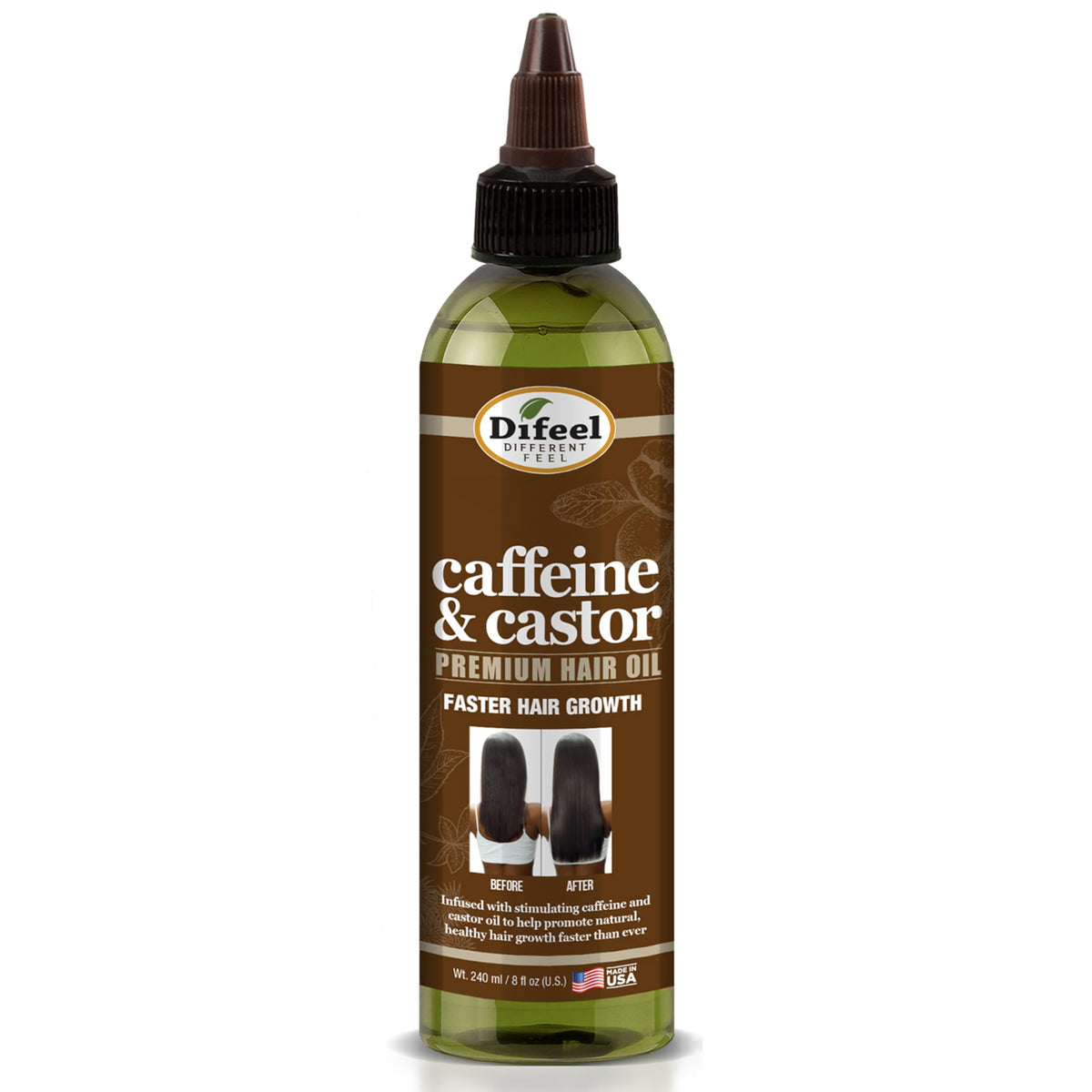 Difeel Caféína y Ricino, botella para cabello con hidratación profunda.