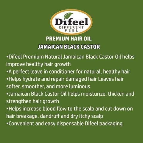 Difeel Jamaican Black Castor Oil label close-up highlights natural ingredients for scalp care
