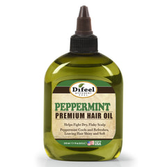 Difeel peppermint hair oil bottle offers premium care for shiny, soft hair.