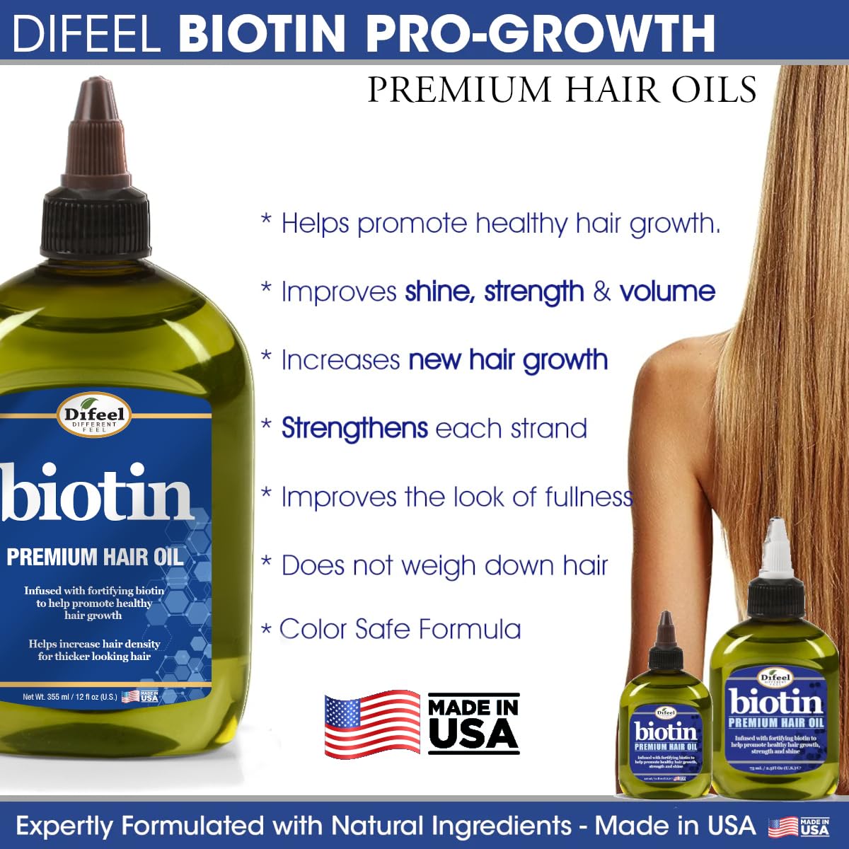 Difeel Progrowth biotin ingredient label emphasizes vitamin B fortification for hair.