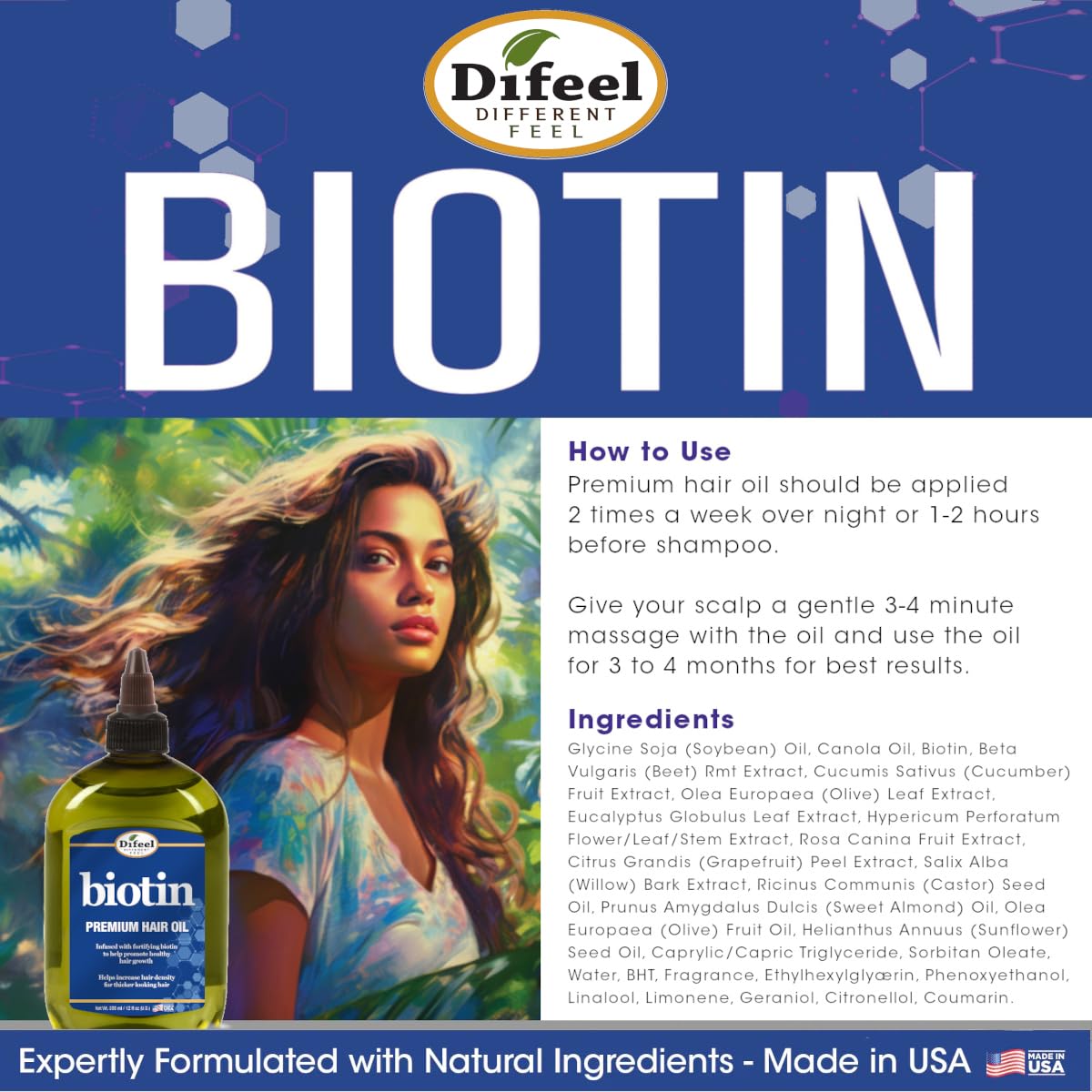 Difeel Progrowth bottle label highlights USA-made quality and premium care.