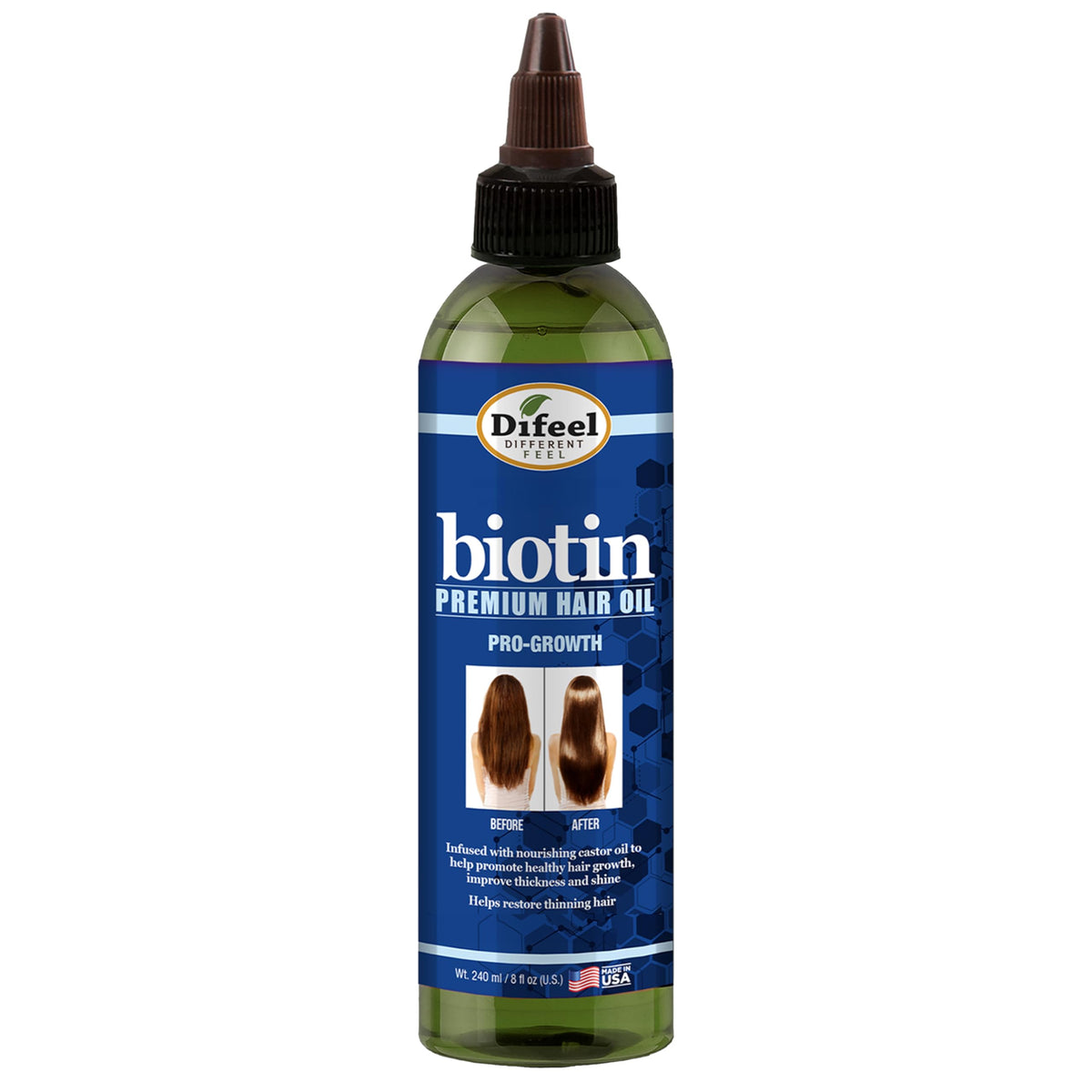 Difeel Progrowth bottle pour shows weightless oil for easy application.