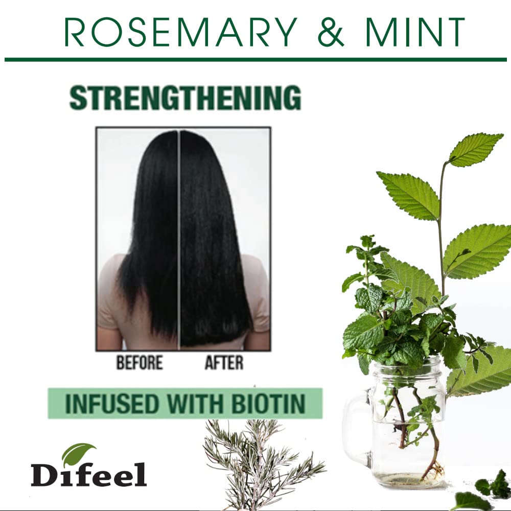 Difeel Rosemary Mint Hair Oil bottle with rosemary leaves for shine.