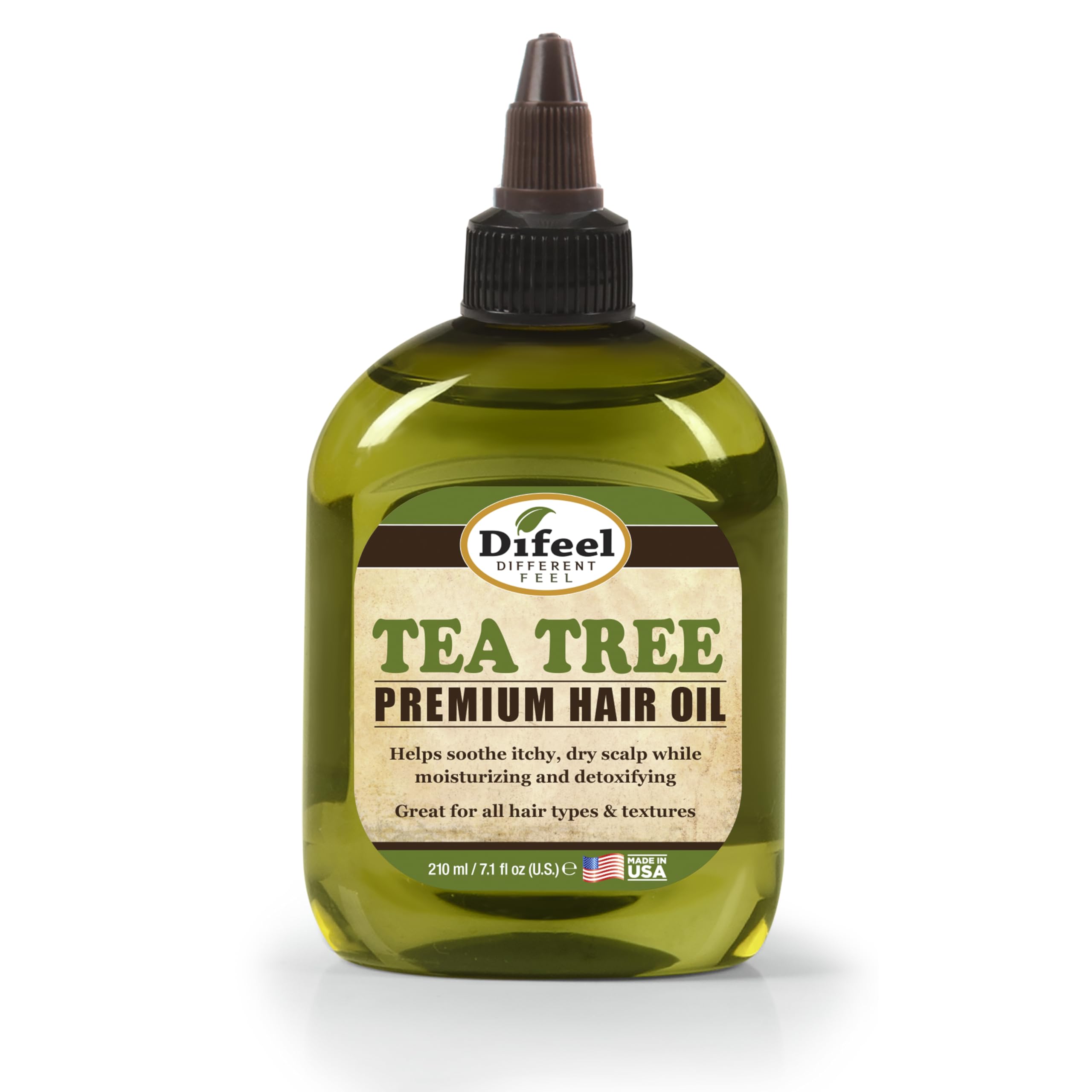Difeel Tea Tree Oil bottle with pure herb formula for scalp nourishment