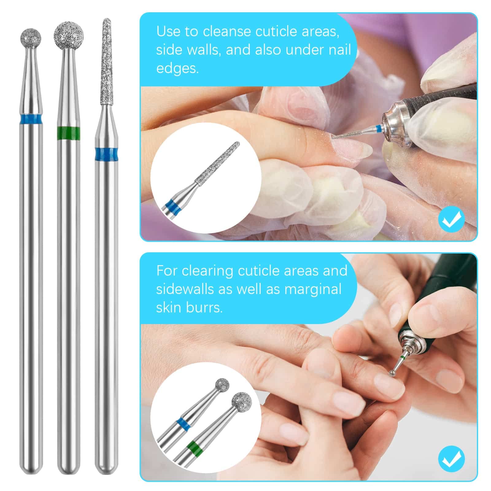 Difenni cuticle drill bit ball head 0.11 inch for thorough nail bed cleaning.