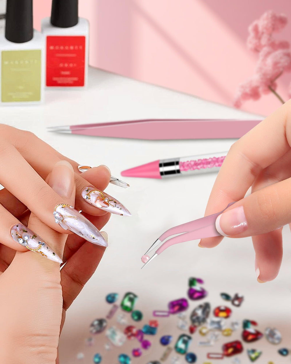 Difenni rhinestone tool in action applying crystals to nails.