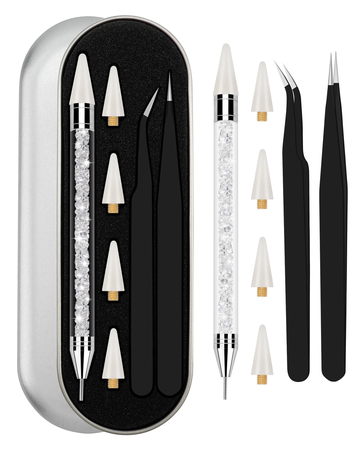 Difenni rhinestone picker set arranged in a sleek box for easy storage and travel.