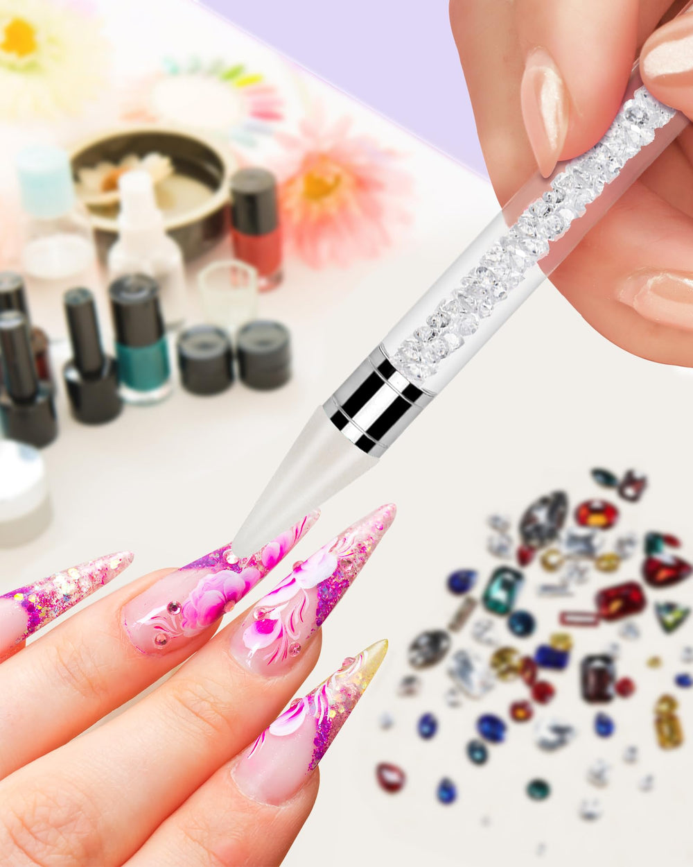 Difenni tweezers providing precise grip for picking tiny rhinestones with control.