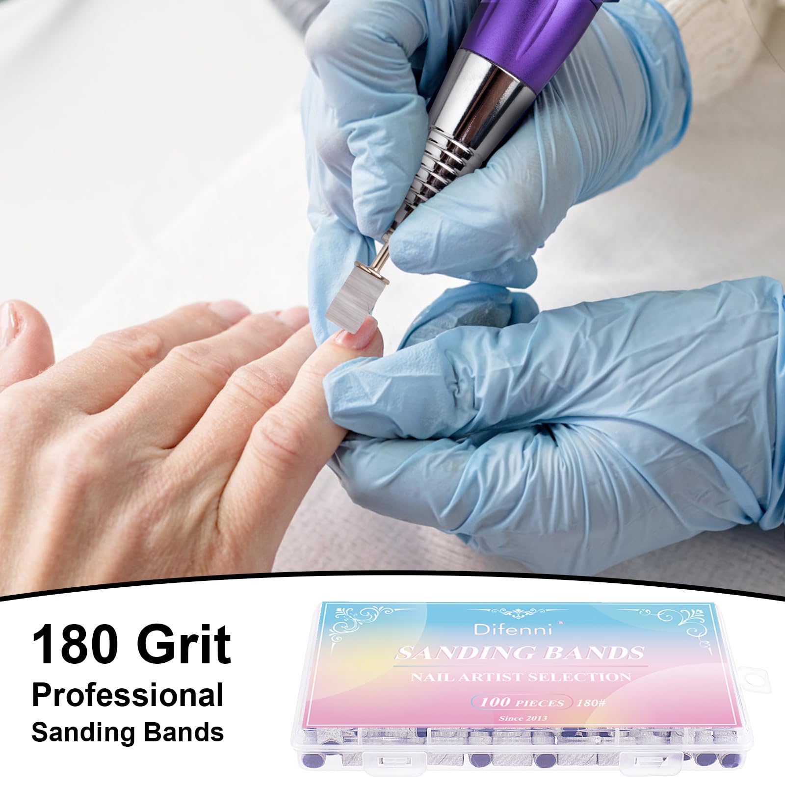 Difenni sanding bands in use on gel and acrylic nails.