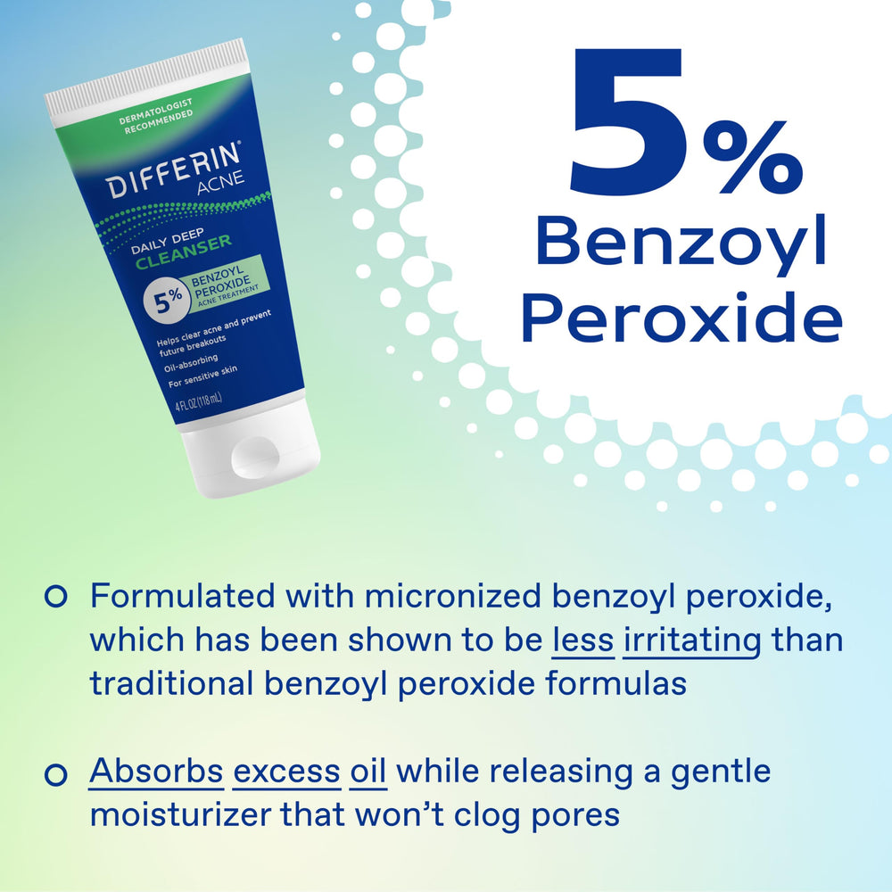 Differin bottle with label close-up emphasizing benzoyl peroxide content.