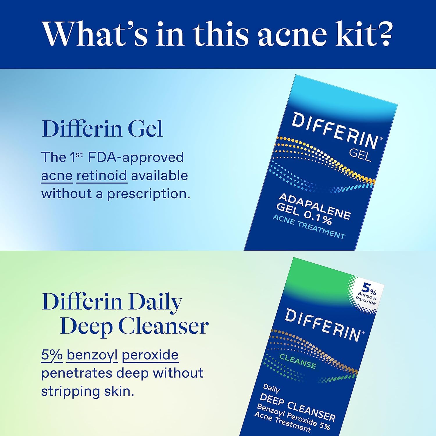 Differin Daily Deep Cleanser bottle with 5% benzoyl peroxide for deep cleansing.
